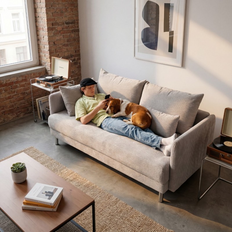 Sofa 3-osobowa z Pojemnikiem Szary Sztruks COZY Sofotapczan