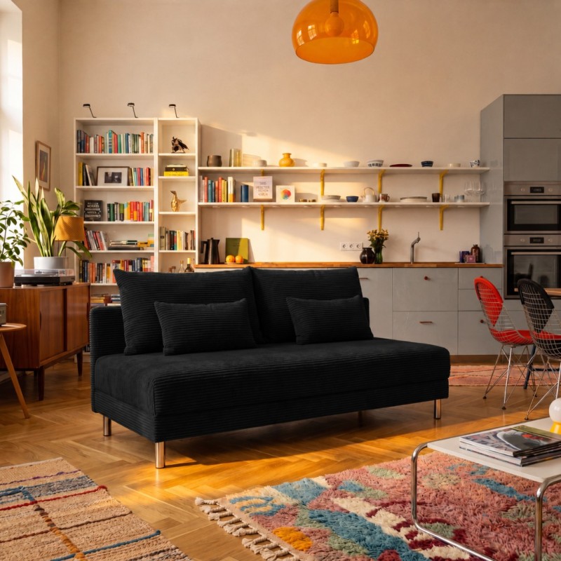 Sofa 3-osobowa 100x200 z Pojemnikiem Czarny Sztruks COZY slim Sofotapczan