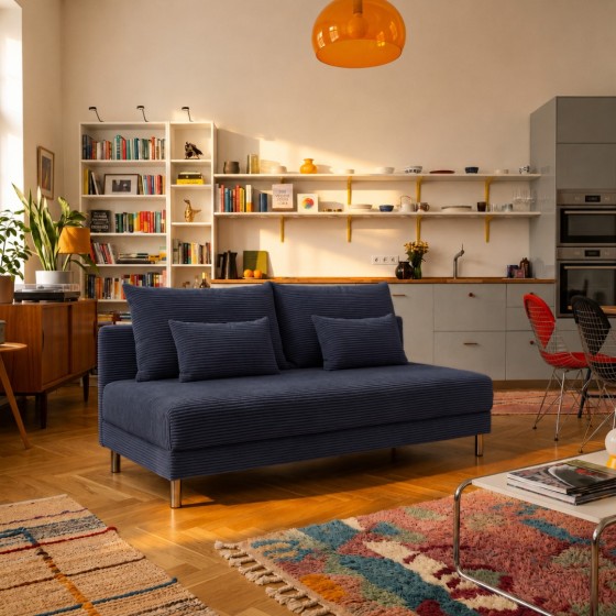 Sofa 3-osobowa 100x200 z Pojemnikiem Granatowy Sztruks COZY slim Sofotapczan