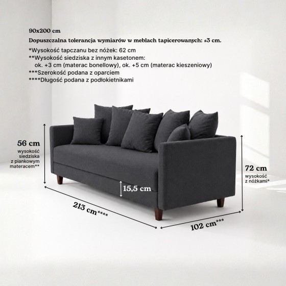 Sofa 3-osobowa z Pojemnikiem LUMI Ciemnoszary Sofotapczan