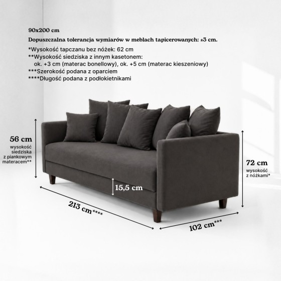 Sofa 3-osobowa z Pojemnikiem LUMI Ciemnoszary Sofotapczan