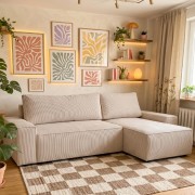 Narożnik Beżowy BORA L, 3-osobowy z Funkcją Spania, Rozkładany, Sztruks