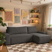 Nowoczesny Narożnik BORA L, 3-osobowy z Funkcją Spania, Rozkładany, Sztruks, Ciemnoszary