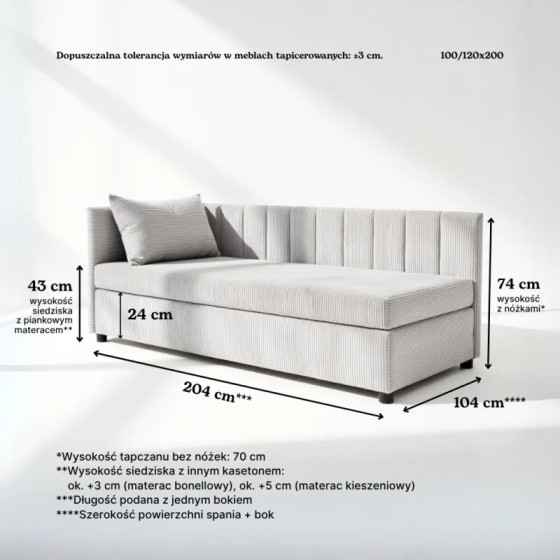 Tapczan Jednoosobowy FENIKS 100x200 Różowy Welur z Pojemnikiem Bokiem i Oparciem