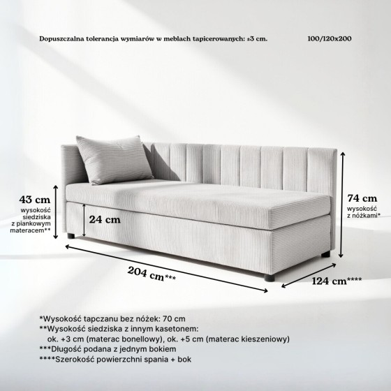 Tapczan Młodzieżowy Jednoosobowy Sztruksowy Brudny Róż FENIKS 120x200 z Pojemnikiem Bokiem i Oparciem