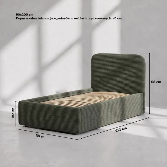 Łóżko tapicerowane z pojemnikiem na pościel SOMI 90x200 - zielony sztruks
