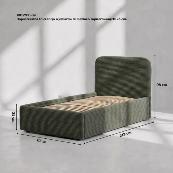 Łóżko tapicerowane z pojemnikiem na pościel SOMI 100x200 - zielony sztruks