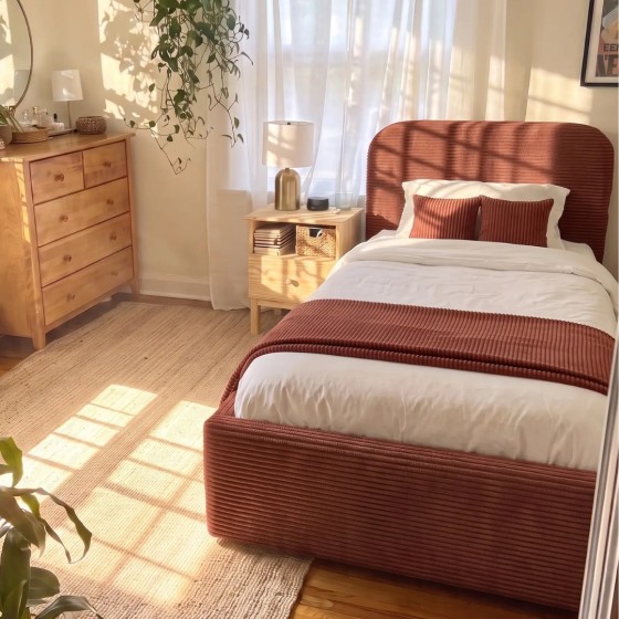 Łóżko tapicerowane z pojemnikiem na pościel SOMI 90x200 - ceglasty sztruks