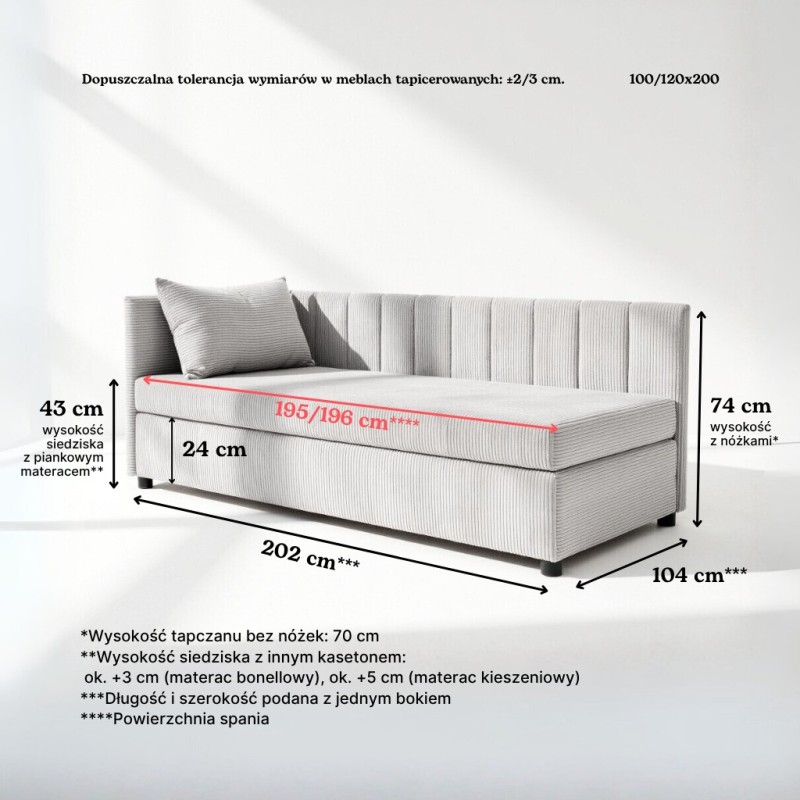 Tapczan 100x200 Sztruks FENIKS Młodzieżowy Jednoosobowy z Pojemnikiem, Bokiem i Oparciem - Konfigurator