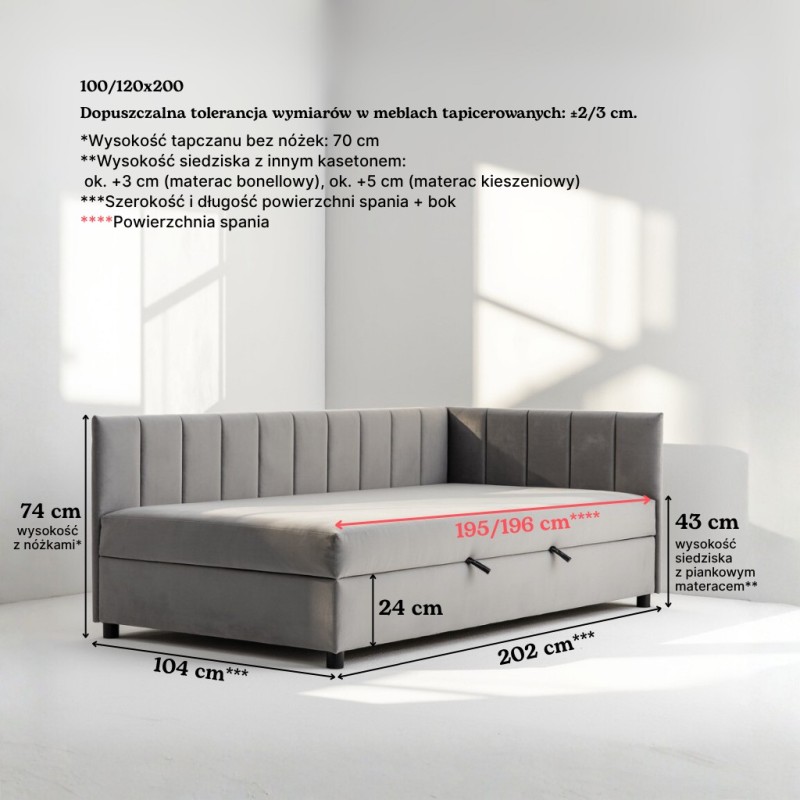 Tapczan 100x200 Welur Szary FENIKS Młodzieżowy Jednoosobowy z Pojemnikiem i Wezgłowiem
