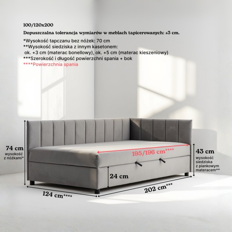 Tapczan FENIKS 120x200 z Pojemnikiem Szary Welur