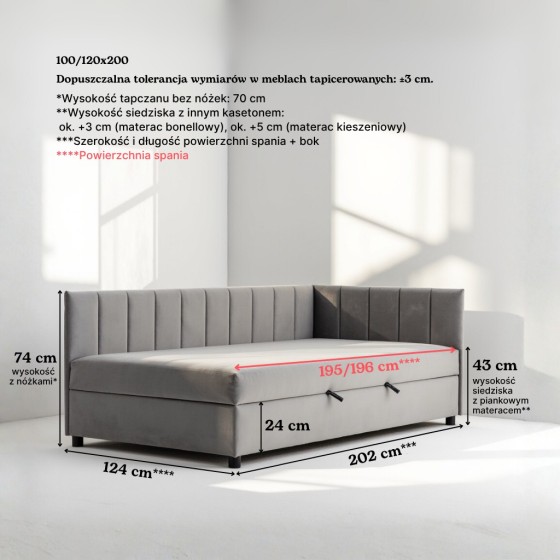 Tapczan FENIKS 120x200 z Pojemnikiem Bokiem i Oparciem Szary