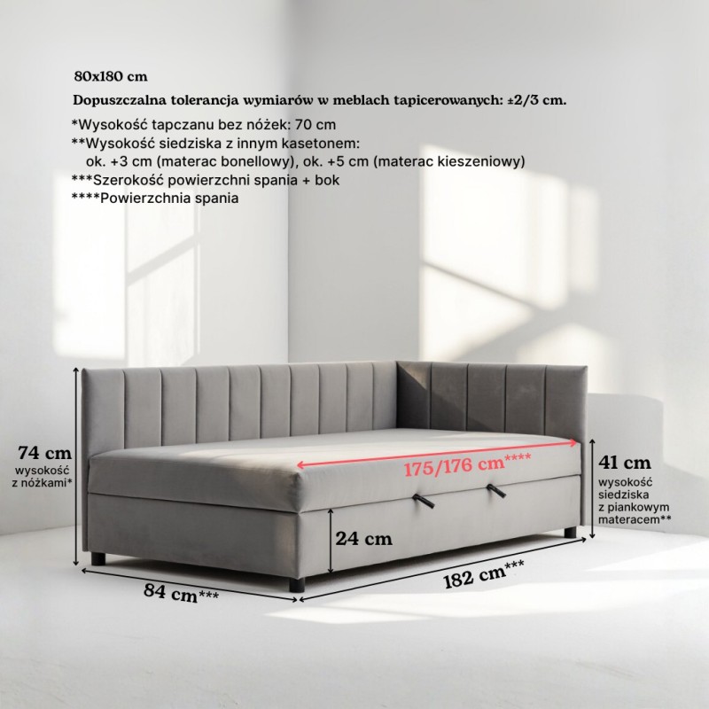 Tapczan 80x180 Szary FENIKS Jednoosobowy dla Dziecka z Pojemnikiem i Wezgłowiem