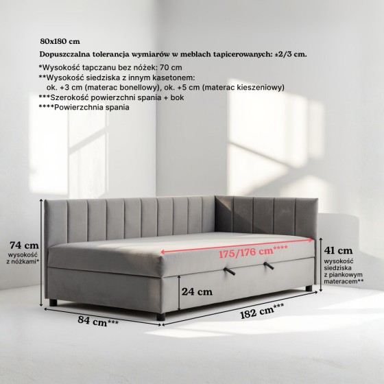 Tapczan 80x180 Szary FENIKS Jednoosobowy dla Dziecka z Pojemnikiem i Wezgłowiem
