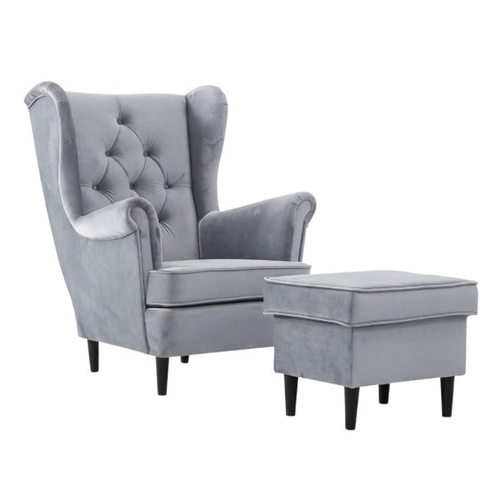 Fotel Uszak GLAMOUR z Podnóżkiem Glami Szary