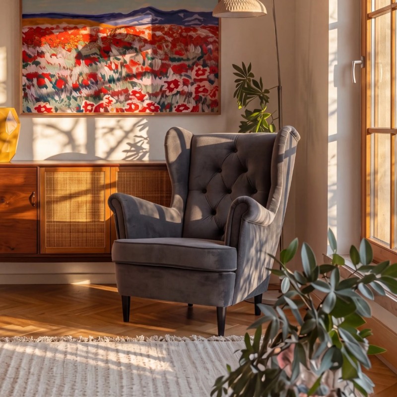 Fotel Uszak GLAMOUR z Podnóżkiem GLAMI Ciemnoszary
