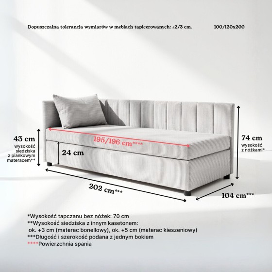 Tapczan Młodzieżowy Jednoosobowy FENIKS 100x200 z Pojemnikiem Bokiem i Oparciem