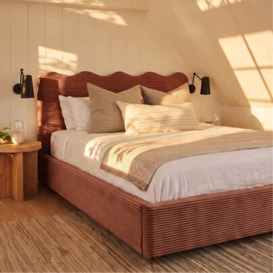 Łóżko tapicerowane 180x200 z pojemnikiem na pościel MONTE ceglasty sztruks