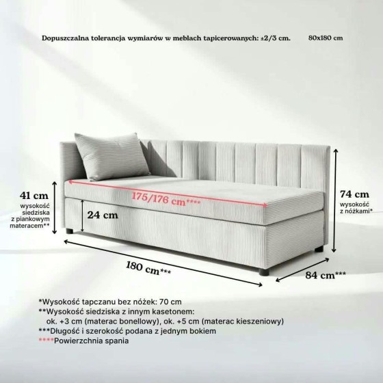Tapczan 80x180 Sztruks FENIKS Młodzieżowy Jednoosobowy dla Dziecka z Pojemnikiem, Bokiem i Oparciem - Konfigurator