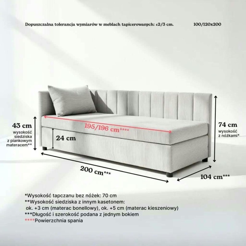 Tapczan 100x200 Welur Ceglasty FENIKS Jednoosobowy z Pojemnikiem, Bokiem i Oparciem