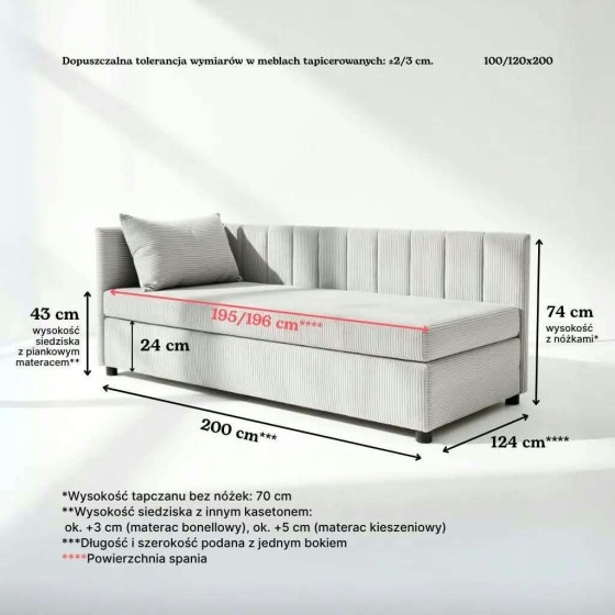 Tapczan 120x200 Sztruks Beżowy FENIKS Młodzieżowy Jednoosobowy z Pojemnikiem, Bokiem i Oparciem