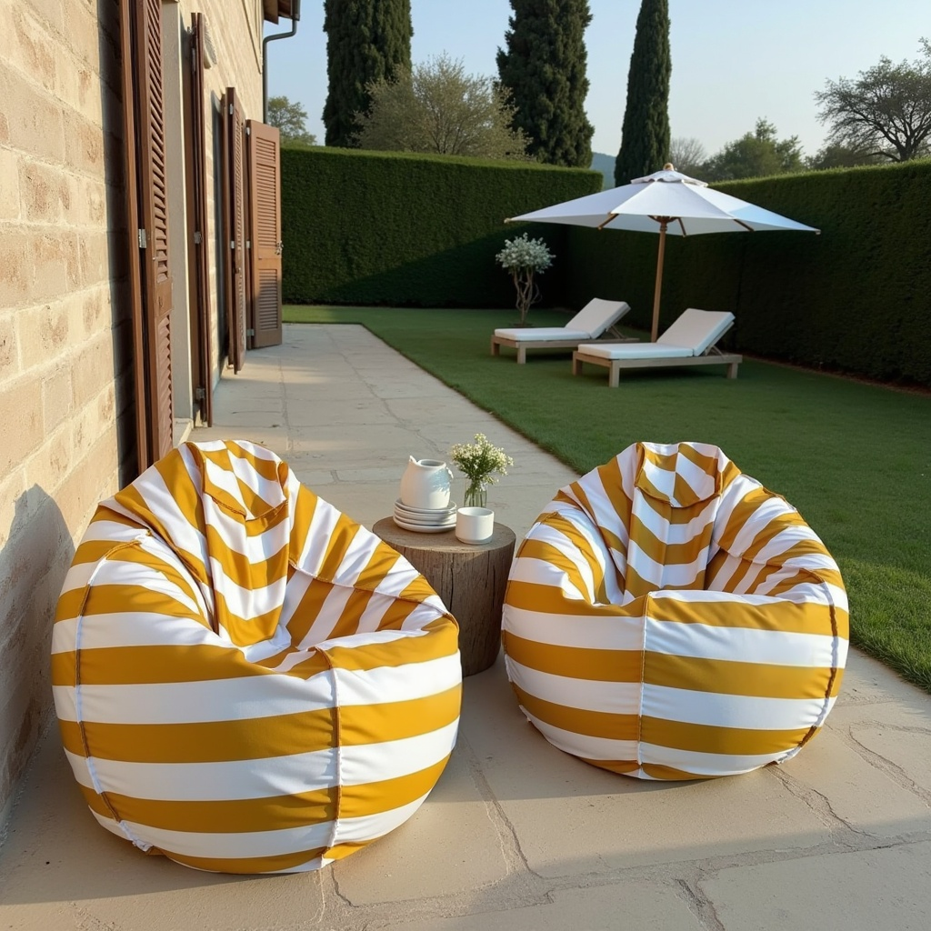 Pufa Worek Beżowa W Pasy Do Ogrodu SACO z Do Ogrodu w kolorze Beżowa W Pasy, widok z przodu.jpeg